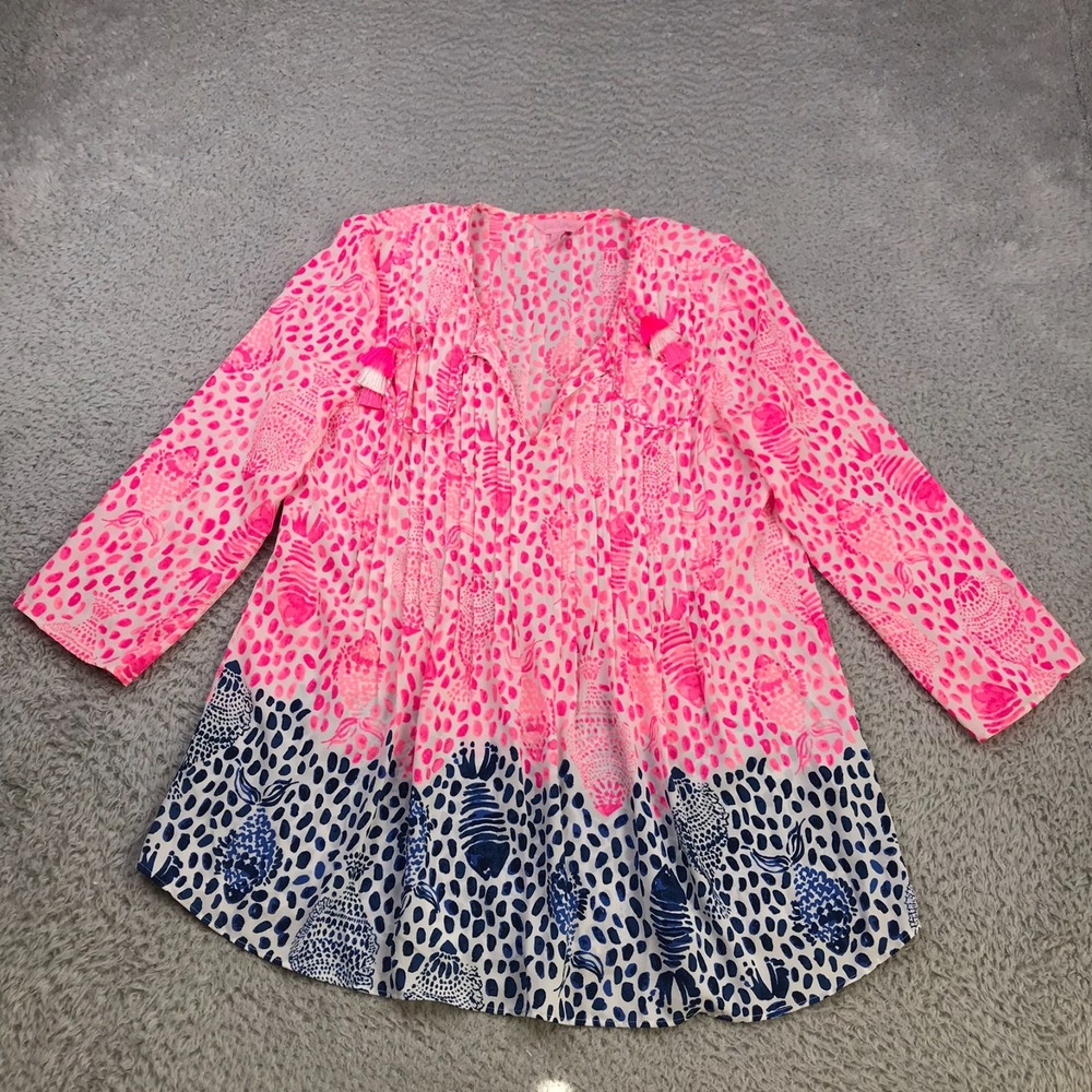 Lilly Pulitzer Marilina Tunic Womens S Raz Bery Heart Soul V Neck Tassel Blouse